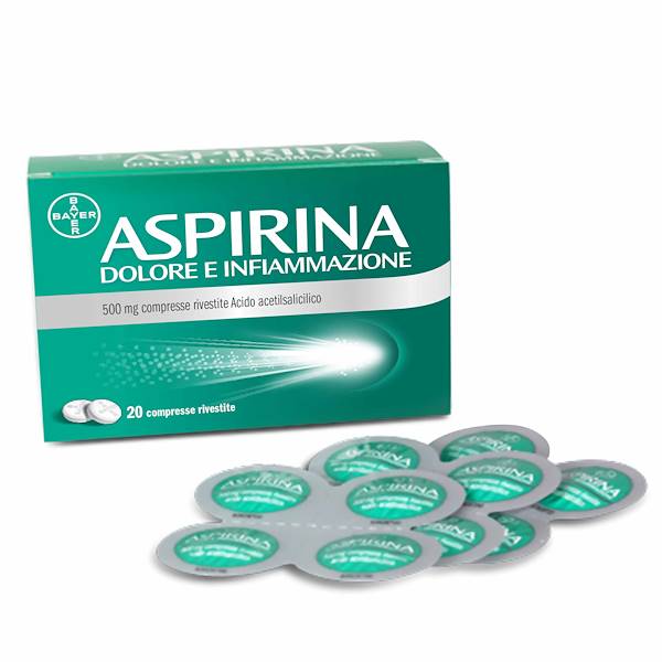 ASPIRINA DOLORE INFIAMMAZIONE 20 COMPRESSE 500MG, Ogni compressa contiene 500 mg di acido acetilsalicilico. Per l’elenco completo degli eccipienti, vedere paragrafo 6.1.