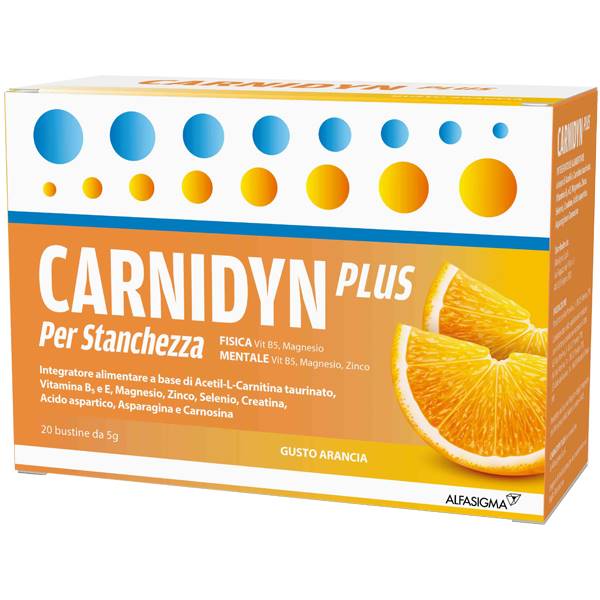 CARNIDYN PLUS 20BUST, Integratore alimentare utile in tutti i casi di ridotto apporto con la dieta o di aumentato fabbisogno dei suoi componenti