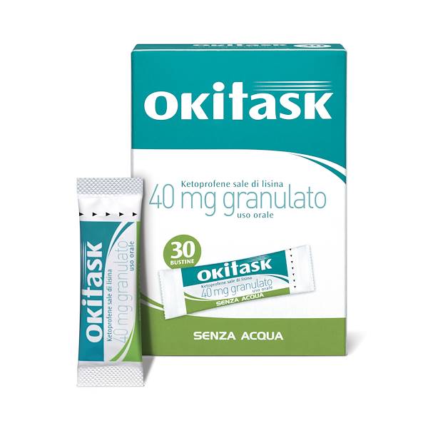 OKITASK GRANULATO 30 BUSTINE DA 40MG, indicato per dolori di diversa origine e natura, in particolare: mal di testa, mal di denti, nevralgie, dolori mestruali, dolori muscolari e osteoarticolari.